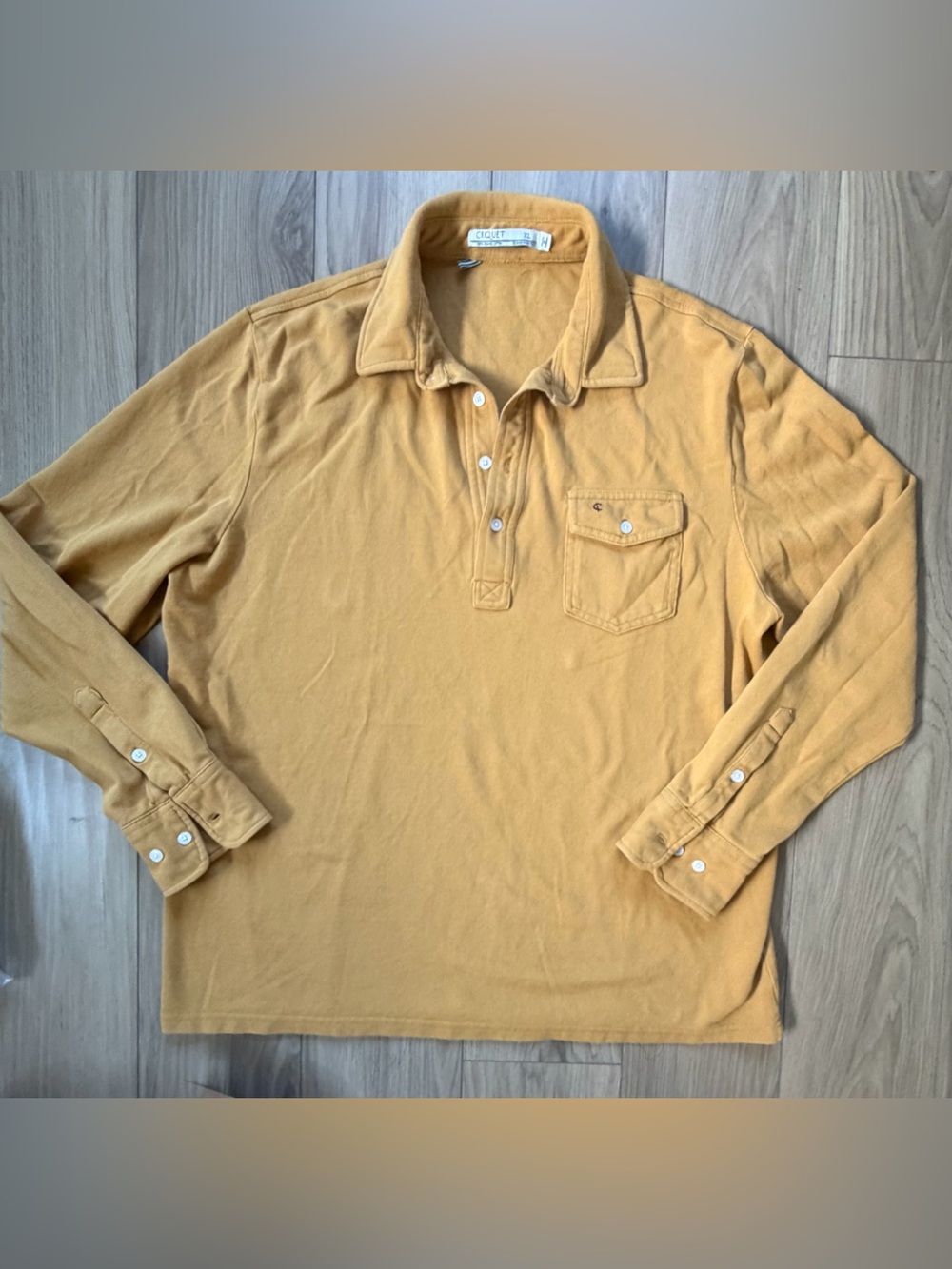 Criquet Polo Shirt Mens XL Mustard Organic Cotton Long Sleeve Button Cuff